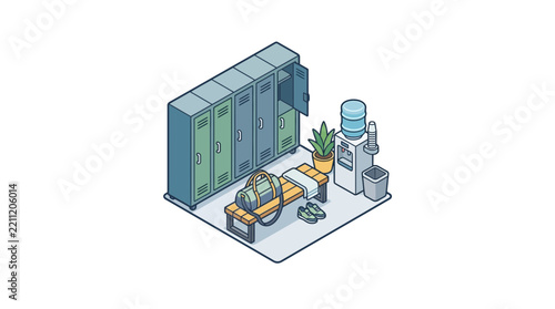Isometric locker room with sports bag and water cooler dispenser
