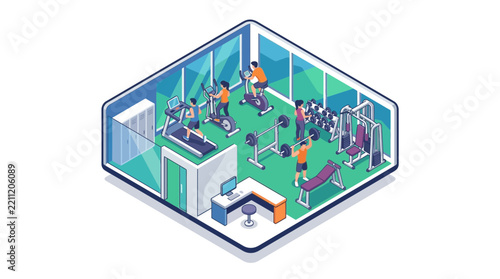 Isometric gym interior with people exercising on fitness equipment