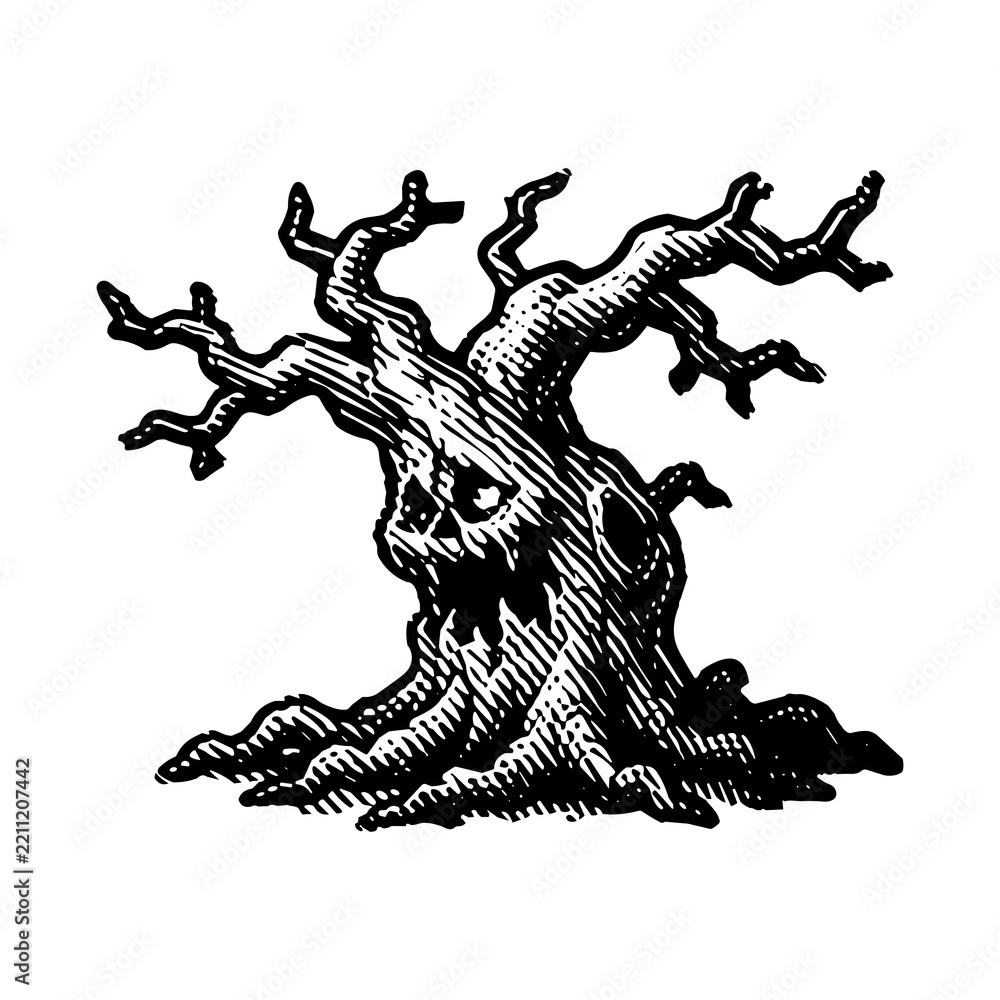Fototapeta premium Gothic Spooky Tree Vintage Line Art Engraving Vector Element
