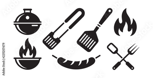 Black barbecue and grill tools icons for outdoor summer party cooking and picnic.