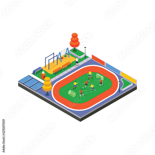 Urban Sports Playground with Running Track and Football Stadium Isometric