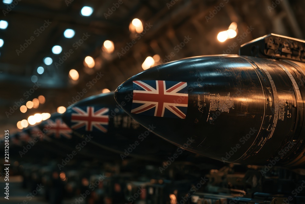 Fototapeta premium Missiles with uk flags lined up in a military facility, representing national defense and power