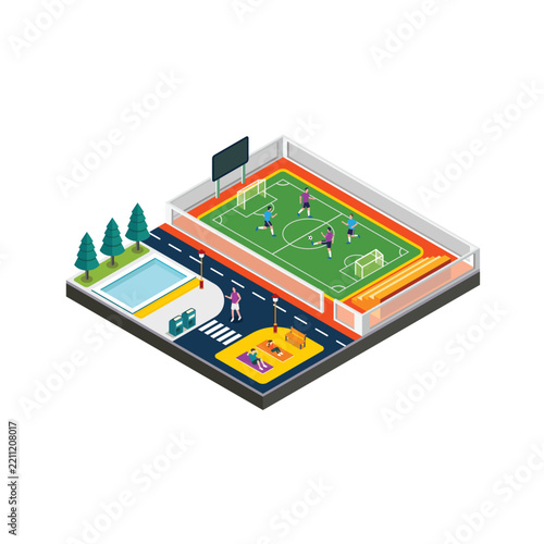 Urban Sports Park with Football Field and Outdoor Fitness Area