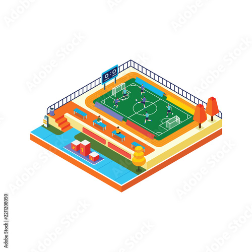 Isometric Football Stadium with Running Track, Spectator Stands and Scoreboard Design
