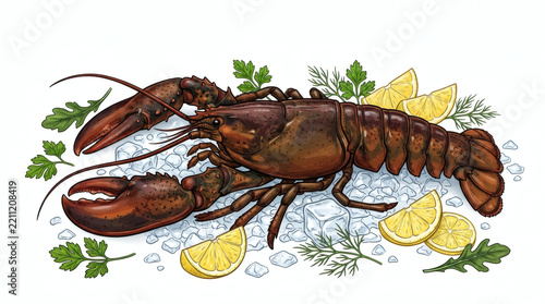 Delicious Raw Whole Lobster with Ice Cubes and Citrus Ingredients Commercial Food Graphic
