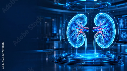 Futuristic Blue Holographic Human Kidneys, Digital Medical Technology and AI Anatomical Visualization