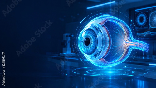Futuristic Blue Holographic Human Eye, Digital Vision Technology and Artificial Intelligence Medical Scan