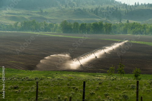 Canada, BC, Cache Creek.  Agricultural sprinkler  irrigation on field.