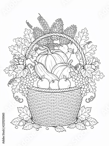 Thanksgiving harvest basket with pumpkins and autumn fruits coloring