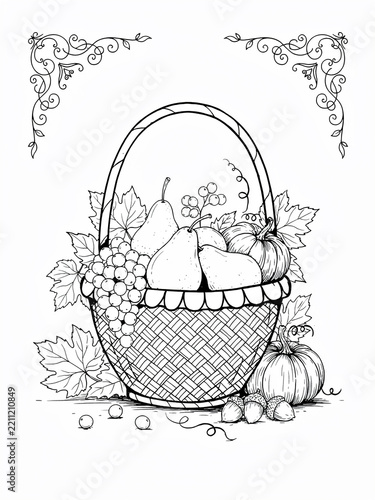 Thanksgiving harvest basket with pears grapes and pumpkins line art