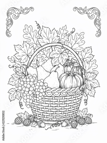 Thanksgiving harvest basket with pumpkins pears and grapes line art