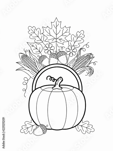 Thanksgiving pumpkin and harvest basket line art illustration for