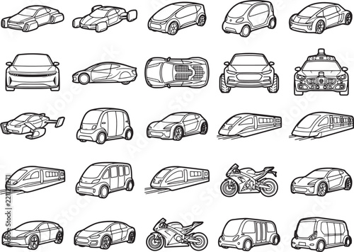 A collection of diverse transportation vehicles, including futuristic cars, trains, and motorcycles, presented in a clean, outline illustration style.