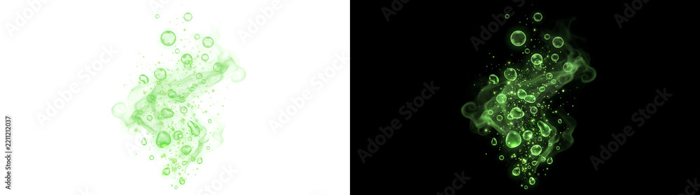 Fototapeta premium Bubbles glowing green with toxic smoke for potion and fantasy effects, offered as PNG, Transparent and Black Background Versions