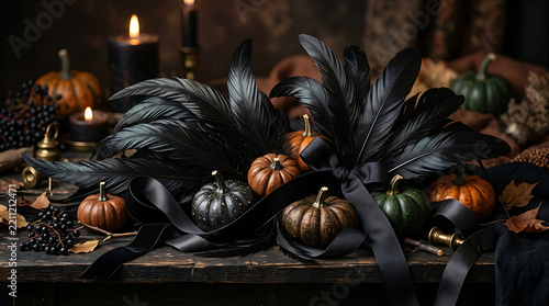 Elegant gothic Halloween still life featuring black feathers, small pumpkins, and burning candles on a dark rustic table for autumn decor
