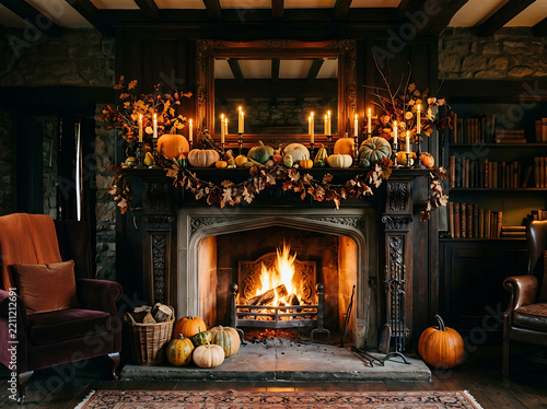 Cozy Autumn Fireplace Decorated with Pumpkins and Candles in a Warm Living Room