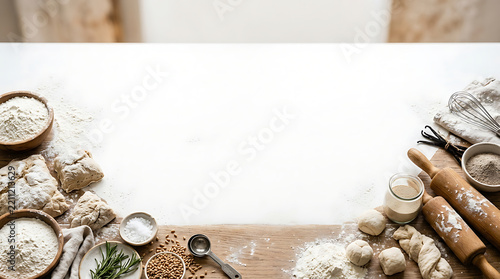 Baking preparation background with flour, rolling pin, and ingredients on rustic kitchen table