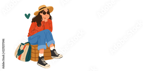 stylish woman sitting beside travel bag during vacation trip ,banner with space for text, copy space