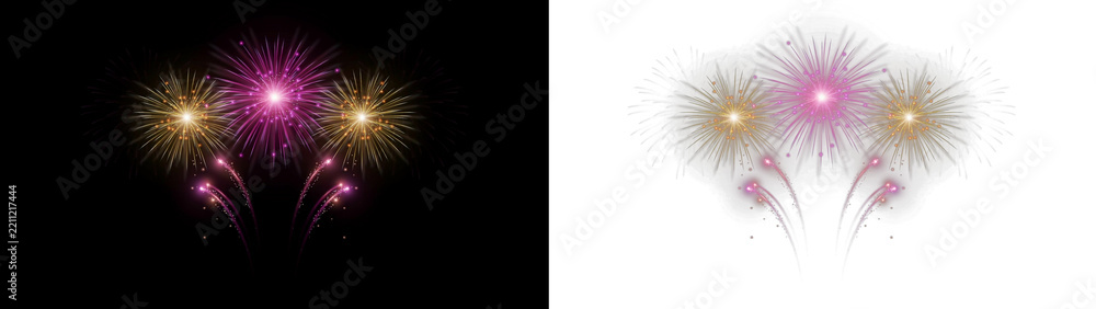 Fototapeta premium Set of colorful fireworks explosions isolated on transparent background, festive pyrotechnic display for celebration, holiday, new year, and independence day events