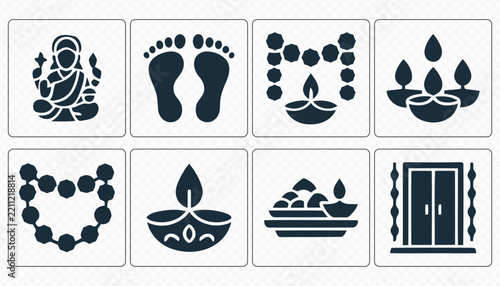 Diwali Festival Diya and Hindu Celebration Vector Icons