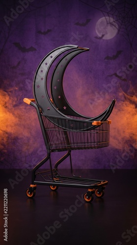 Halloween shopping concept with a black moon shaped shelf inside a shopping cart