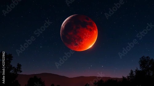Lunar eclipse progression over silhouetted landscape during twilight atmospheric glow