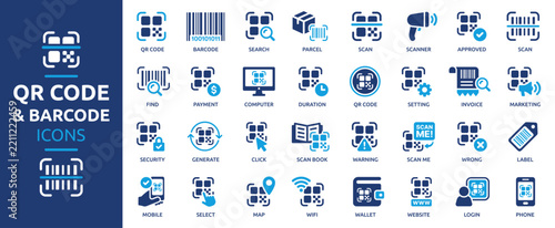 QR Code Icon Set, Barcode, Scanning, Generate, Payment and Tracking Technology Solid Vector Icons Collection