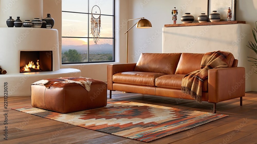 Fototapeta premium Cozy living room with a warm, inviting atmosphere, featuring a tan leather sofa, fireplace, and Southwestern-inspired decor