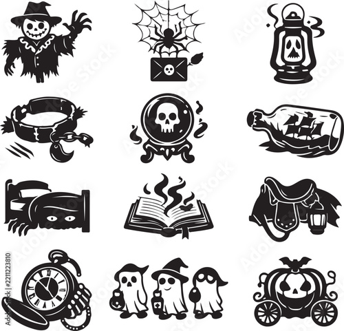 : Halloween Haunted Legends and Supernatural Black Vector Icon Set