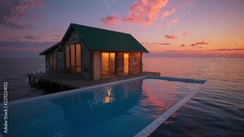 Luxury overwater bungalow with infinity pool reflecting sunset over calm ocean