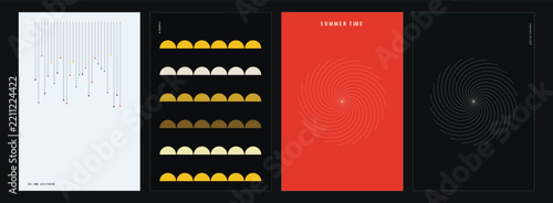 Set of Four Minimalist Abstract Poster Design Templates Featuring Geometric Shapes and Solid Color Backgrounds for Contemporary Art Projects