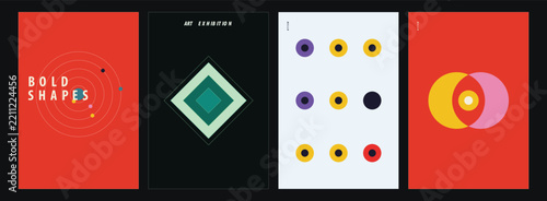 A collection of minimalist poster design templates featuring colorful geometric shapes and modern abstract layouts for artistic visual branding