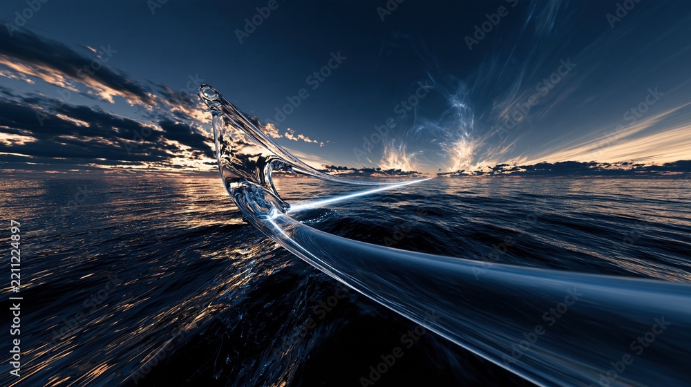 Obraz premium Futuristic abstract seascape with glowing energy pathway over ocean at dusk