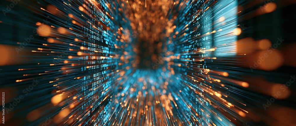Fototapeta premium Abstract Blue and Orange Light Streaks Bursting Through Dark Space