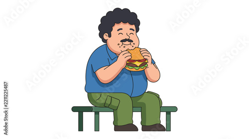 Flat vector illustration of a heavy-set man with curly hair and a mustache sitting on a green bench eating a large double cheeseburger with lettuce and tomato, isolated on white.