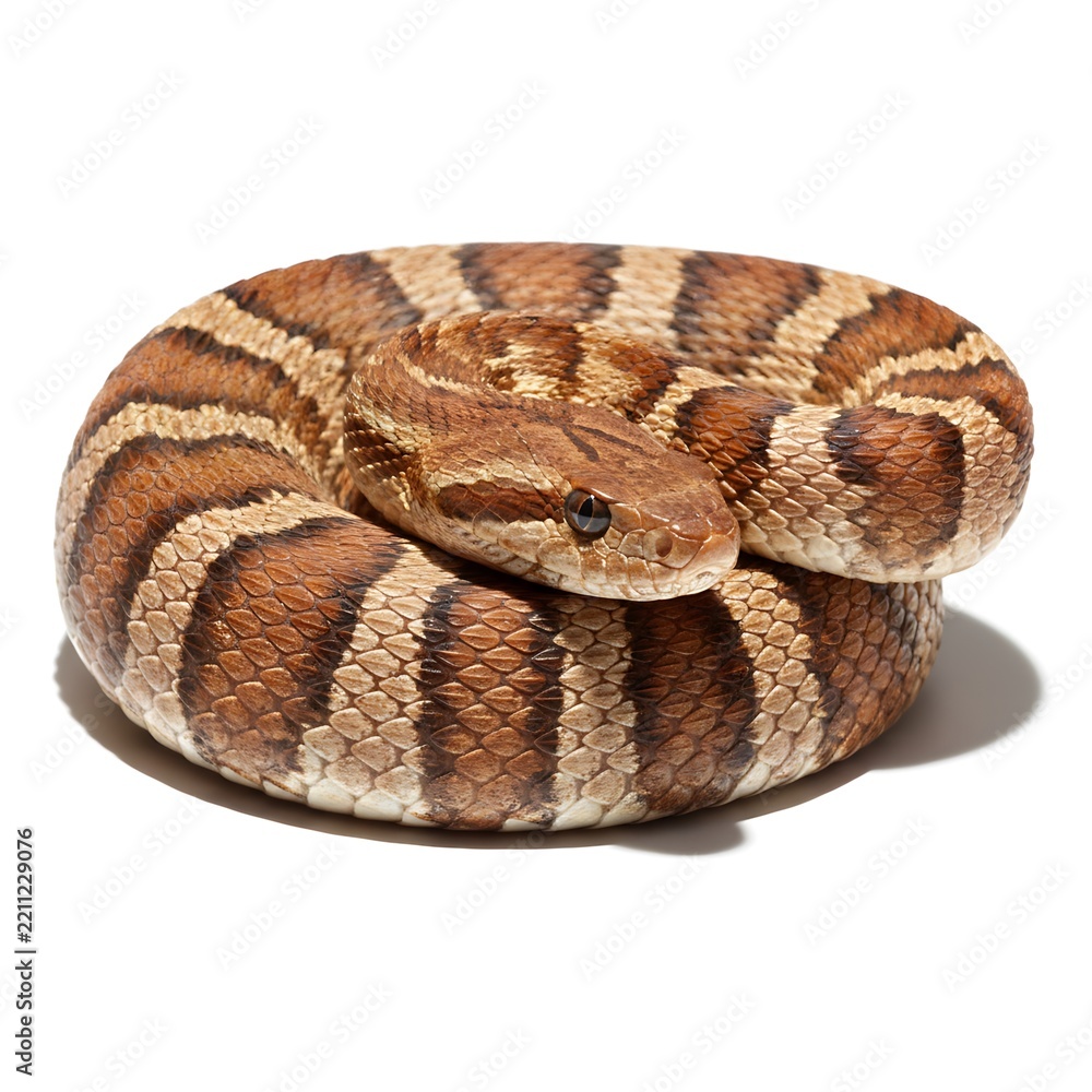 Fototapeta premium Snake curled up on a white background with distinct brown and tan stripes