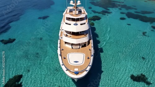 Luxury Yacht sailing on crystal clear turquoise water during a bright sunny day aerial drone view