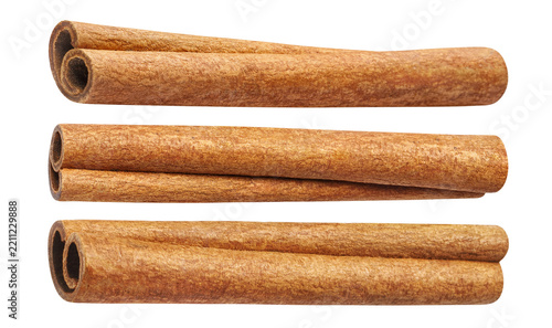 Set of three cinnamon sticks, isolated on transparent cutout background