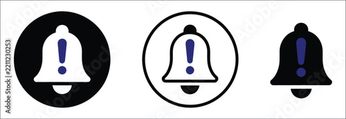 Notification bell icon set with exclamation marks in circular frames, alert reminders, warning messages, important updates, vector illustration