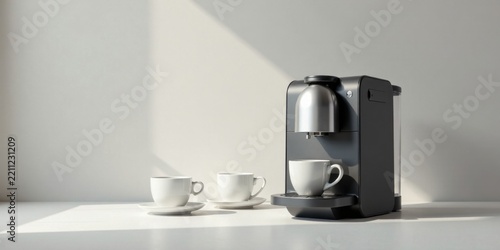 Modern Espresso Machine with Cups Ready for a Morning Brew in a Bright Room