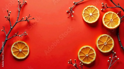Vibrant Orange Slices and Delicate Branches Arranged on a Bold Red Background, Creating a Festive and Cheerful Composition