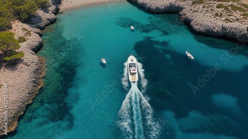 Luxury yacht sailing through turquoise Mediterranean waters with coastal islands during daylight