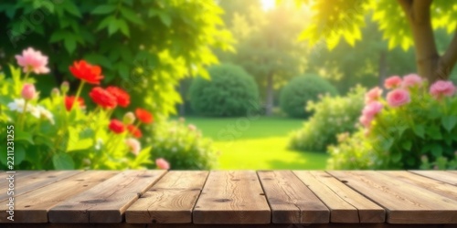 Rustic Wooden Tabletop Overlooking a Serene Garden Scene with Vibrant Blossoms and Lush Greenery on a Sunny Day