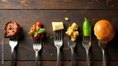 A delightful assortment of savory and sweet treats, each carefully placed atop a fork, arranged in a visually appealing row on a rustic wooden surface.