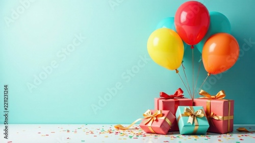 A festive scene of colorful balloons and presents on a pastel backdrop
