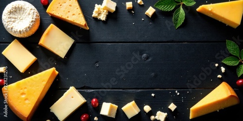 Aromatic Selection of Cheeses Arranged on Dark Wooden Surface with Fresh Berries and Greenery