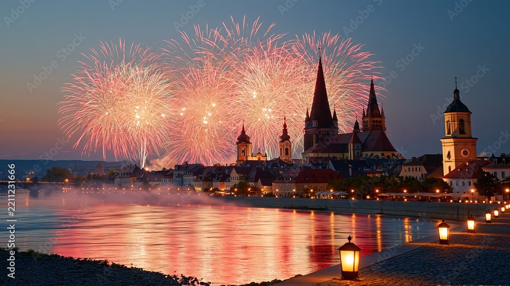 Fototapeta premium Spectacular Fireworks Display Over Historic European Cityscape Reflected in River at Dusk