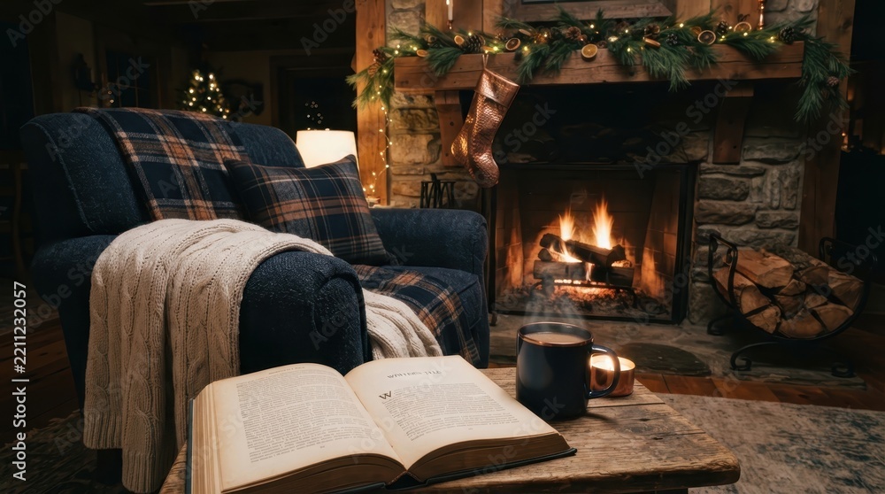 Obraz premium Cozy reading nook with an open book and steaming mug beside a warm stone fireplace at Christmas