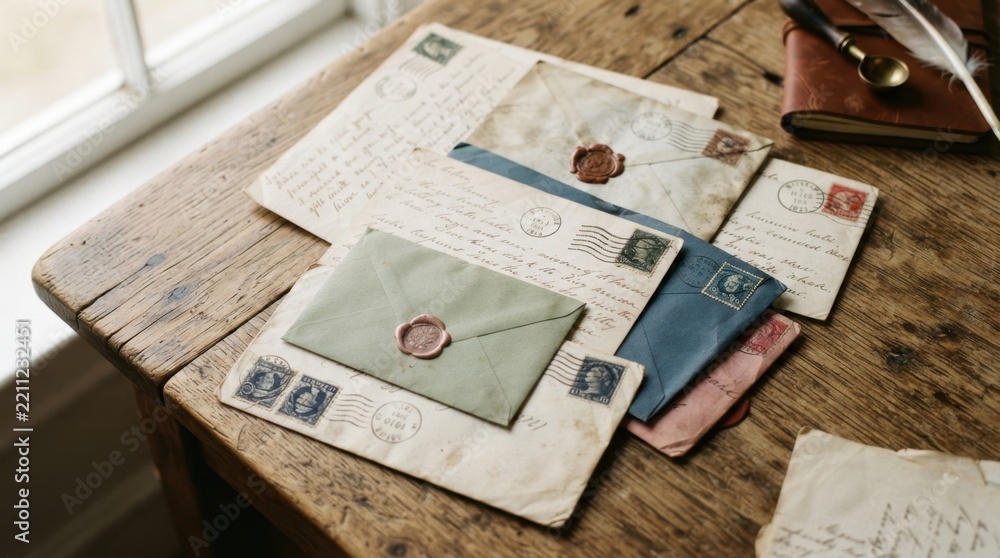 Obraz premium A collection of vintage handwritten letters with wax seals resting on a rustic wooden desk