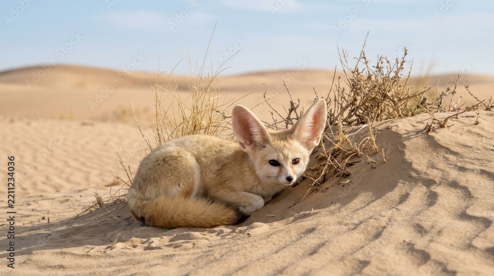 Obraz premium A fennec fox resting on the sand dunes of the Sahara desert under a bright sunny blue sky